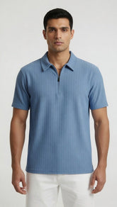 Men's Ribbed Half-Zip Polo Shirt - Sky Blue