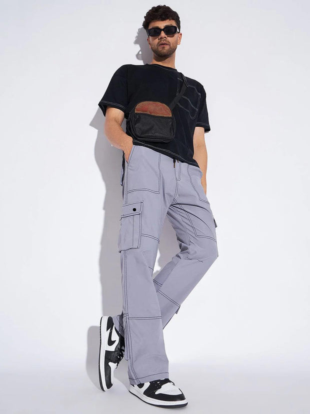 Men's Grey Contrast Stitch Cargo Trackpant - wearup.store