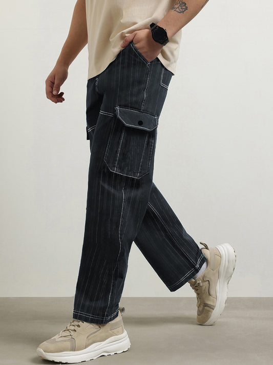 Men's Black Contrast Stitch Cargo Trackpant