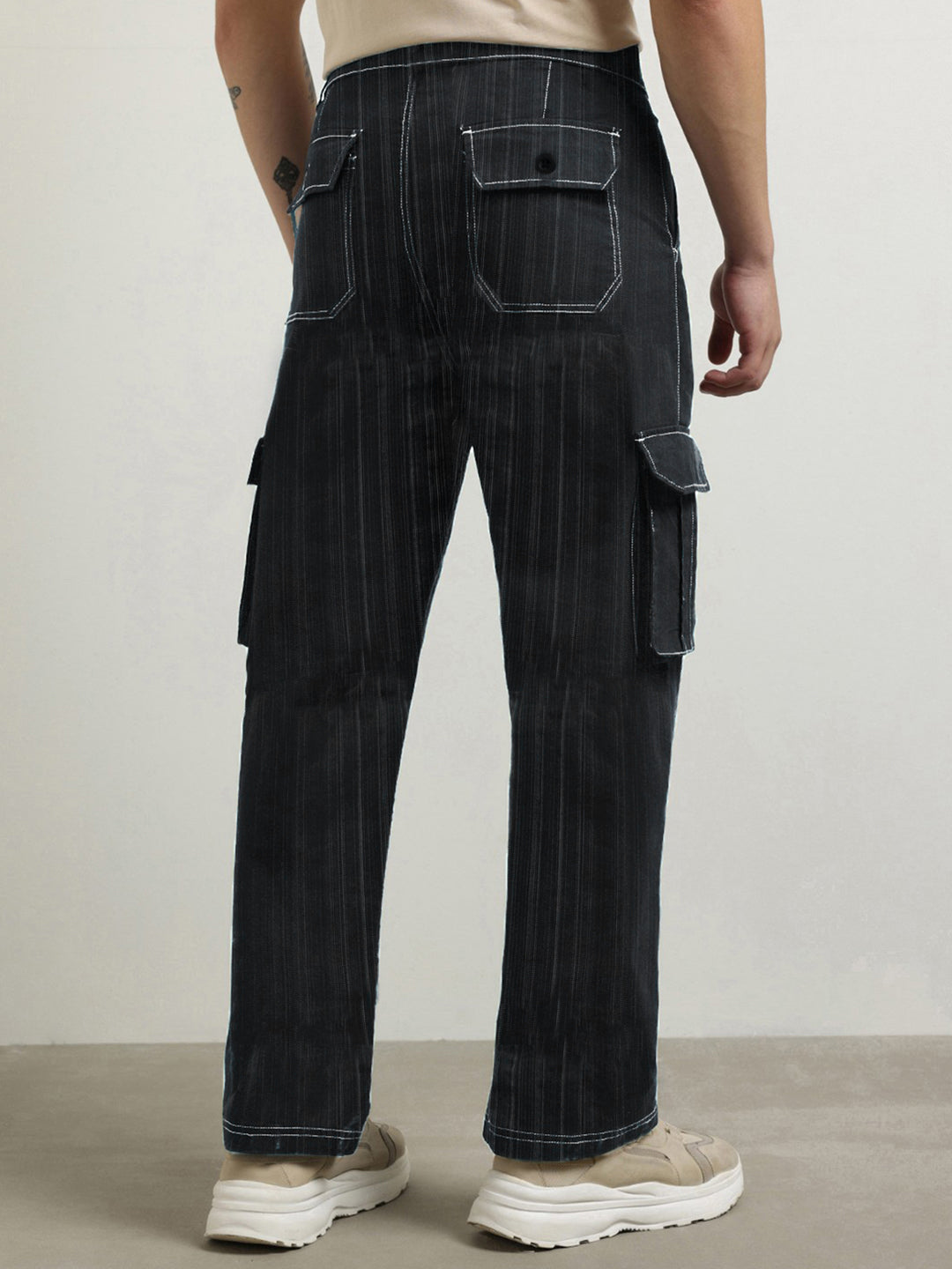 Men's Black Contrast Stitch Cargo Trackpant