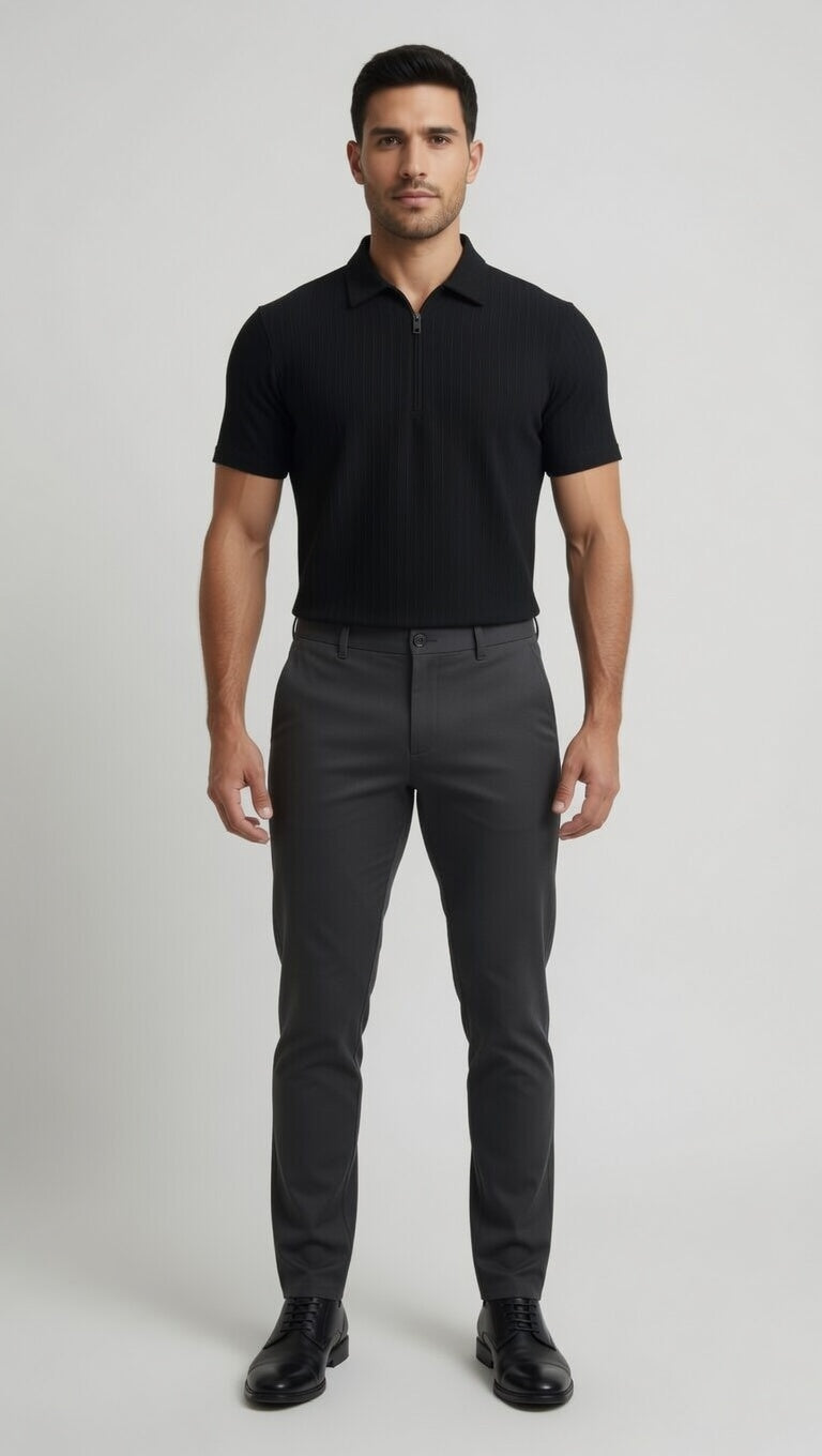 Men's Ribbed Half-Zip Polo Shirt - Black